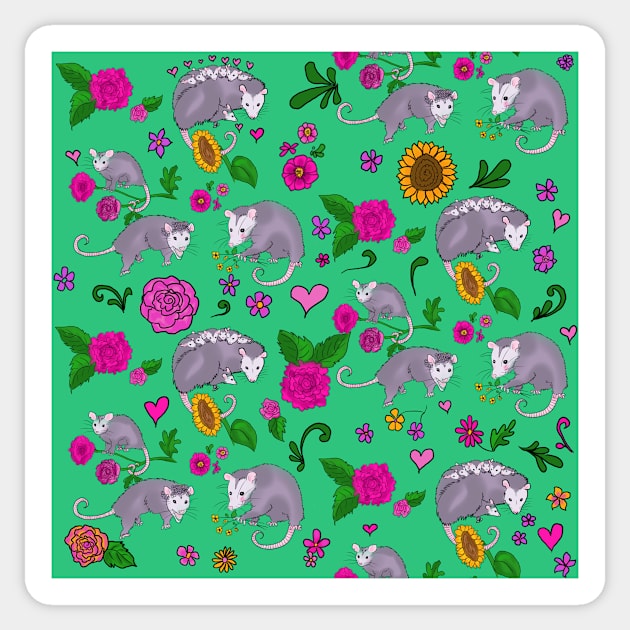 Trash Royalty Possum Floral Print in Spring Green Forbidden Cats Floral Sticker by JamieWetzel